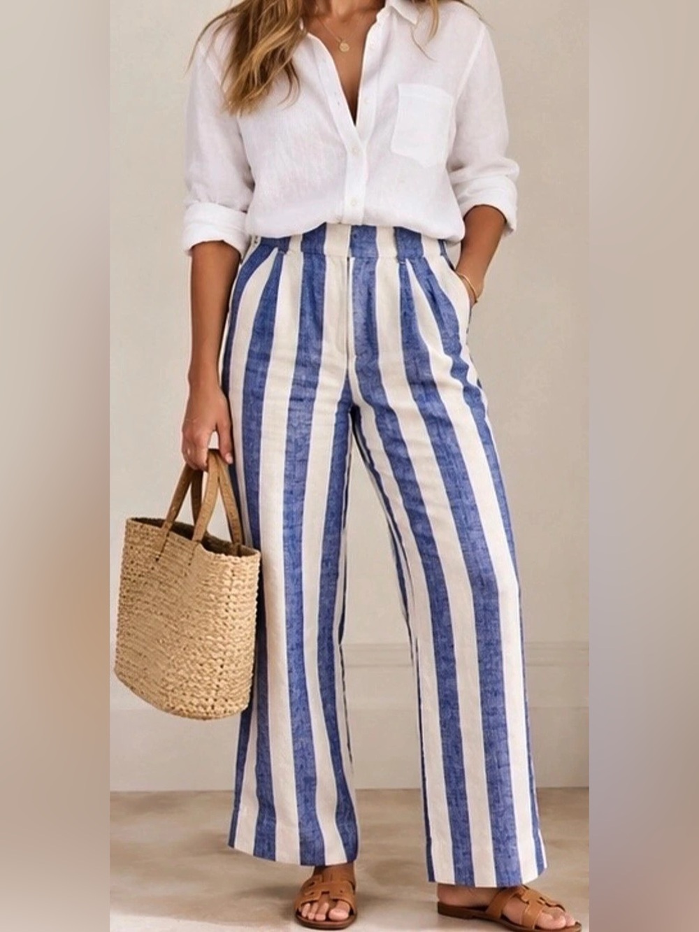 Boden Linen Blend Striped Wide Leg Pants Size 8R Blue White Pleated